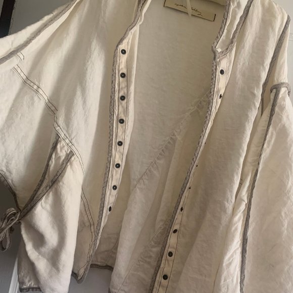 Cynthia Ashby Linen Natural Color Contrasting Trim Black Snap Front Jacket - Picture 2 of 5